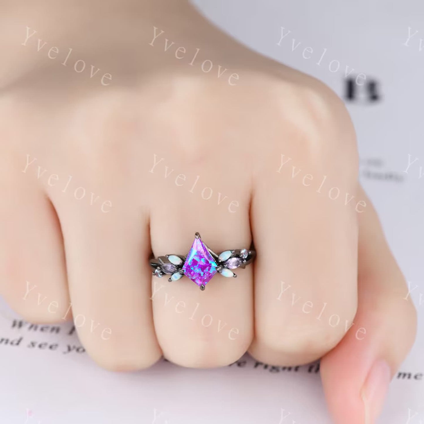 Vintage Kite Cut Lavender Opal Engagement Ring Set,Black Gold Ring,Vines Amethyst Opal Ring,Women Bridal Set,Unique Twig Promise Ring Gift