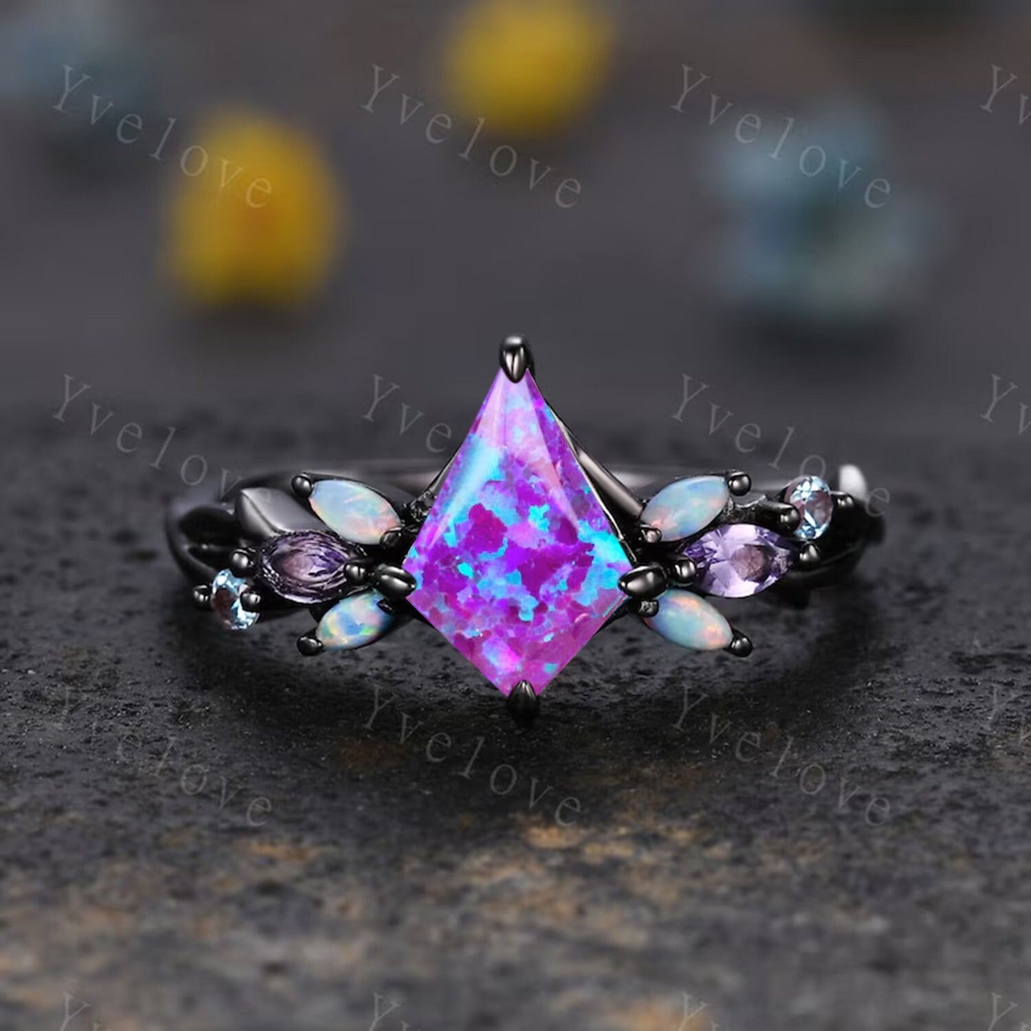 Vintage Kite Cut Lavender Opal Engagement Ring Set,Black Gold Ring,Vines Amethyst Opal Ring,Women Bridal Set,Unique Twig Promise Ring Gift