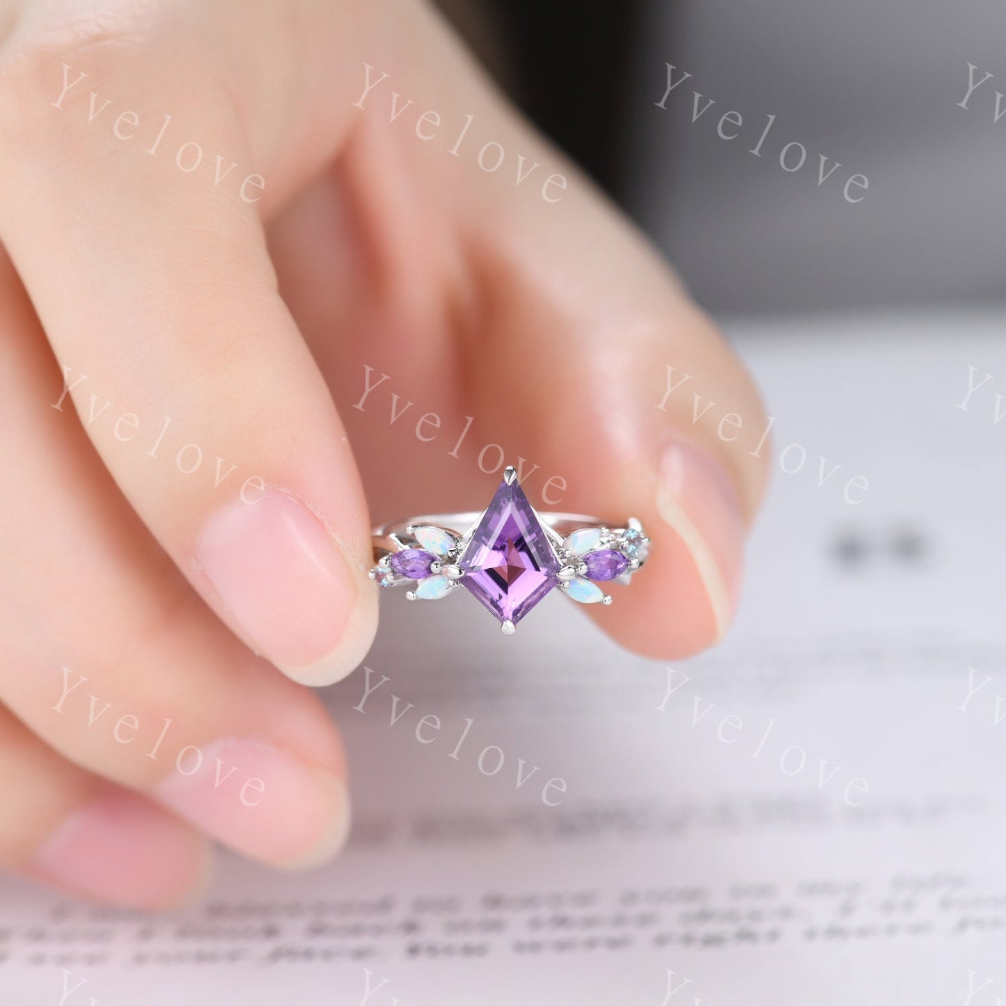 Vintage Kite Amethyst Engagement Ring,Sterling Silver,Vines Amethyst Opal Ring,Women Bridal Set,Unique Twig Anniversary Promise Ring Gift
