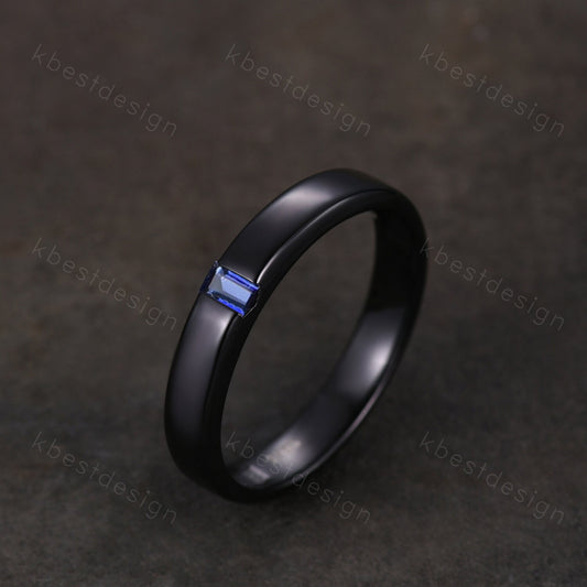 Mens blue sapphire wedding band Baguette cut wedding band black gold ring minimalist stacking band for Men for Women retro vintage ring