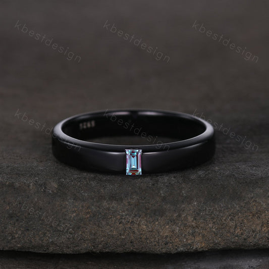 Baguette cut Alexandrite wedding band black gold ring minimalist stacking band for Men for Women retro vintage ring Anniversary gift