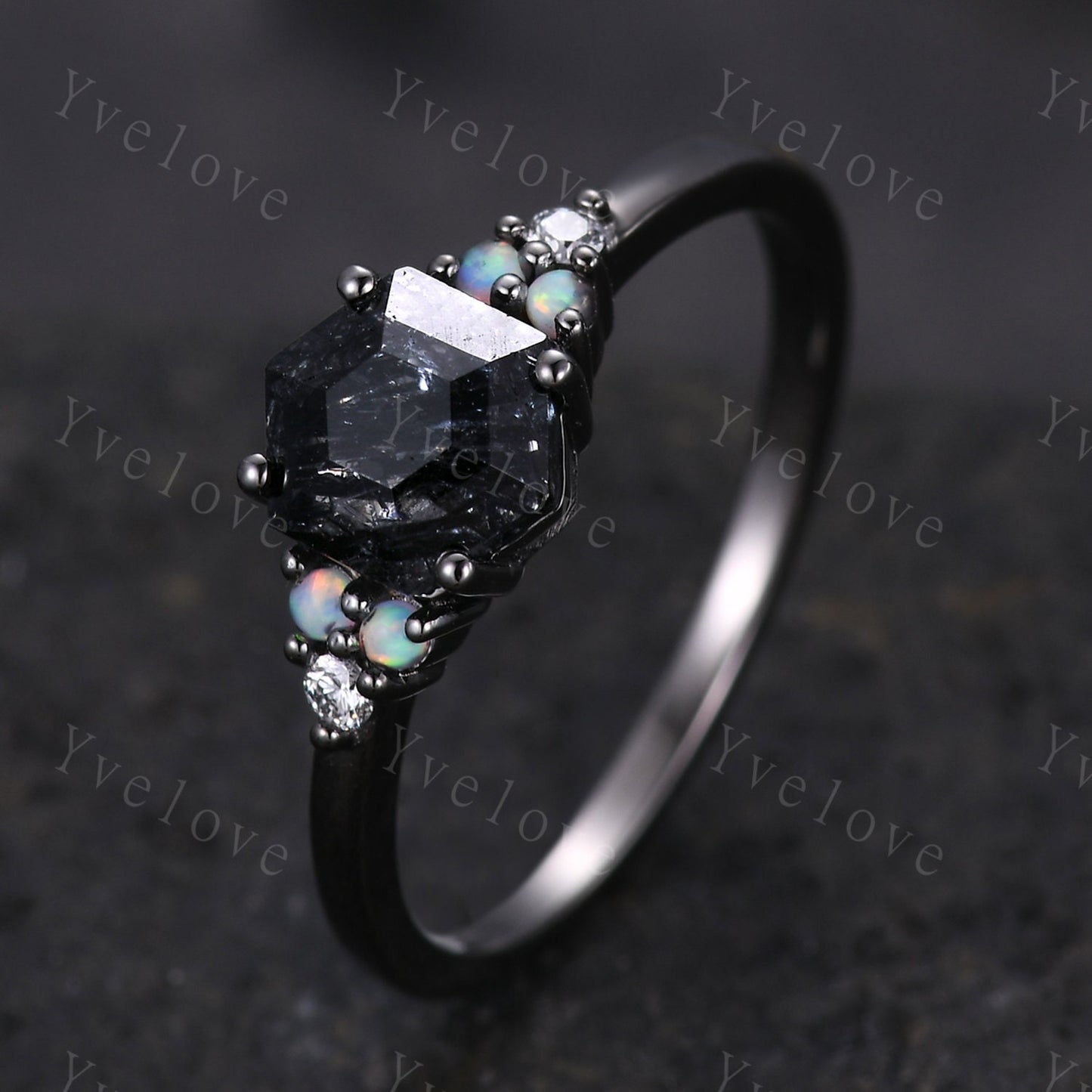 Unique Hexagon Black Rutilated Quartz Engagement Ring,White Fire Opal Diamond Rings,Black Silver Ring,Vintage Women Gift Bridal Promise Ring
