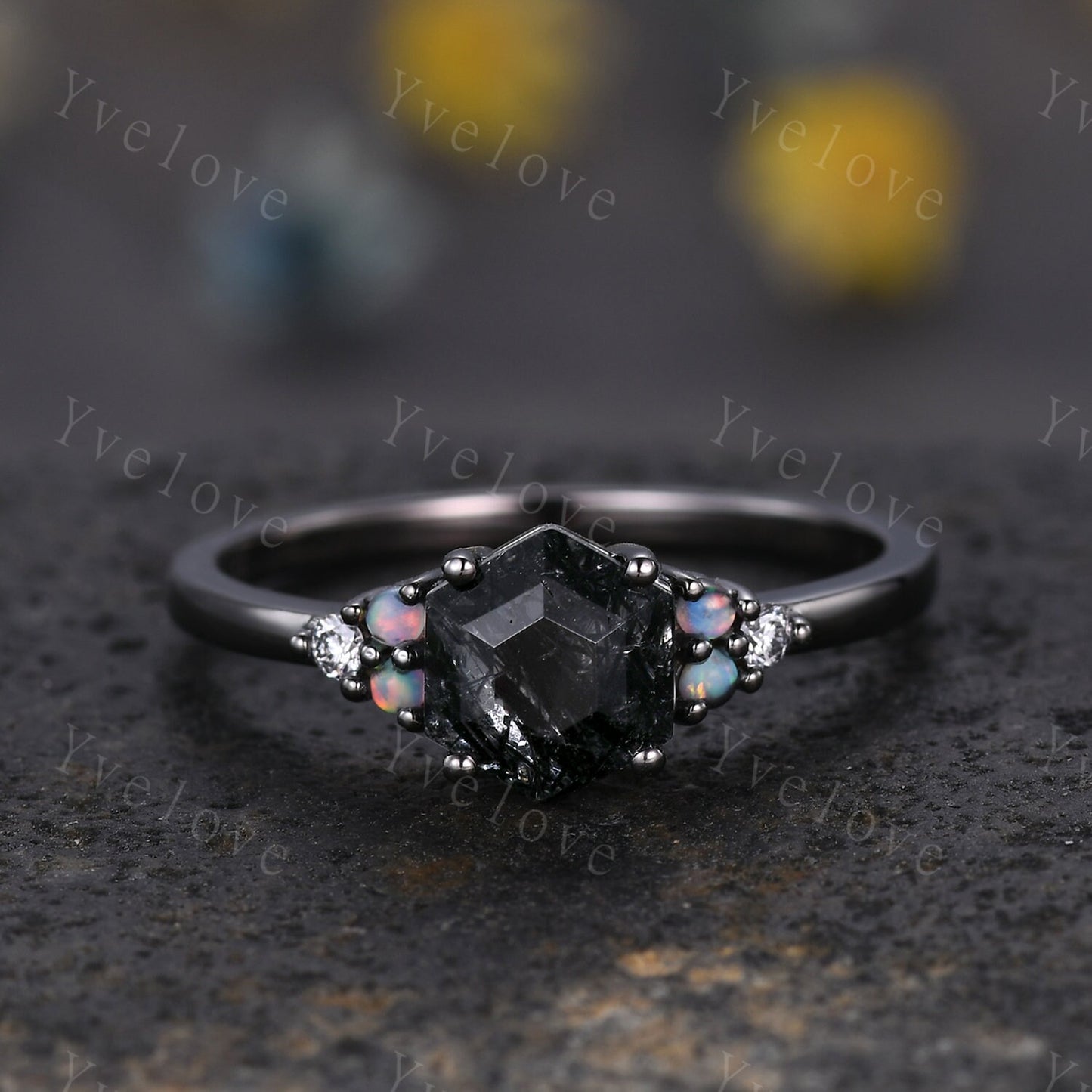 3 Set Unique Hexagon Black Rutilate Quartz Engagement Ring,White Opal Black Diamond Ring,Black Wedding Band,Vintage Gift Bridal Promise Ring