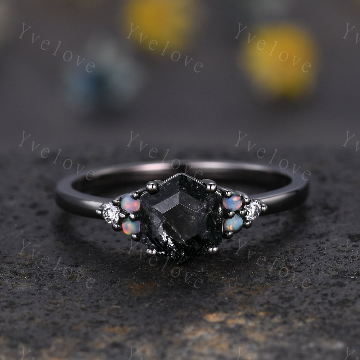 Unique Hexagon Black Rutilated Quartz Engagement Ring,White Fire Opal Diamond Rings,Black Silver Ring,Vintage Women Gift Bridal Promise Ring