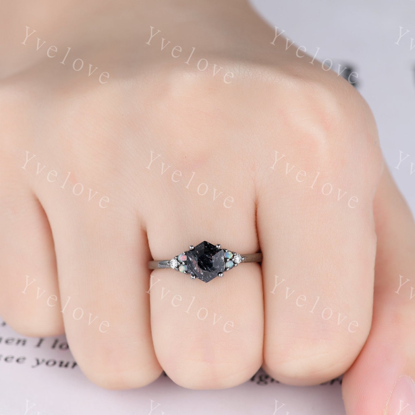 Unique Hexagon Black Rutilated Quartz Engagement Ring,White Fire Opal Diamond Rings,Black Silver Ring,Vintage Women Gift Bridal Promise Ring