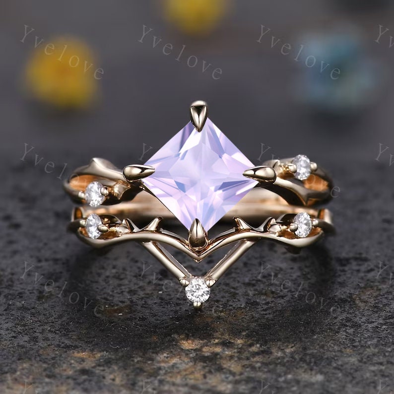 Vintage Princess Cut Lavender Amethyst Engagement Ring Set,Twisted Ring,Leaf Vines Diamond Bridal Set,Dainty Twig Diamond Ring Gift For her