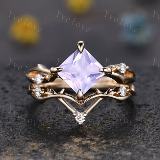 Vintage Princess Cut Lavender Amethyst Engagement Ring Set,Twisted Ring,Leaf Vines Diamond Bridal Set,Dainty Twig Diamond Ring Gift For her