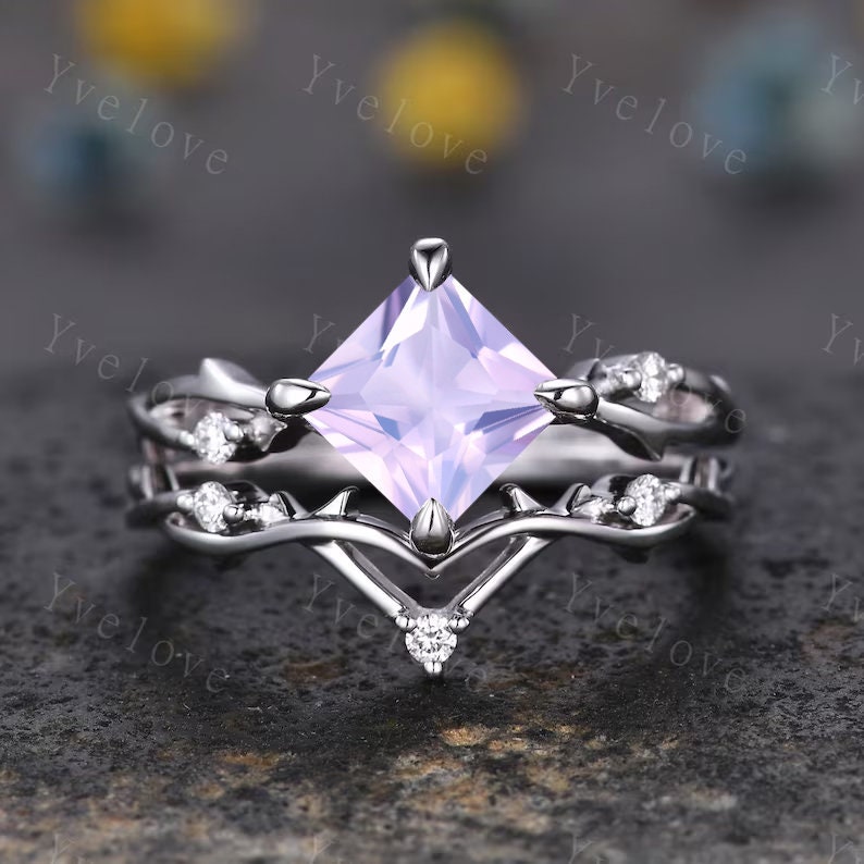 Vintage Princess Cut Lavender Amethyst Engagement Ring Set,Twisted Ring,Leaf Vines Diamond Bridal Set,Dainty Twig Diamond Ring Gift For her
