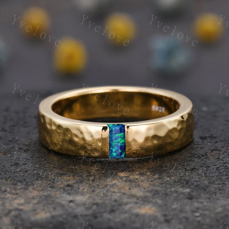 Mens Black Opal Wedding Band Baguette Cut Opal Band 5mm Black Gold Ring Mens Hammered Stacking Matching Band Retro Vintage Ring Gift