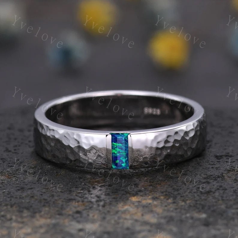 Mens Black Opal Wedding Band Baguette Cut Opal Band 5mm Black Gold Ring Mens Hammered Stacking Matching Band Retro Vintage Ring Gift