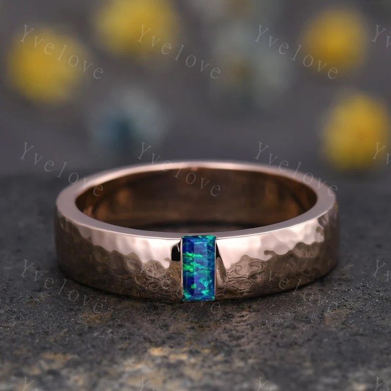 Mens Black Opal Wedding Band Baguette Cut Opal Band 5mm Black Gold Ring Mens Hammered Stacking Matching Band Retro Vintage Ring Gift