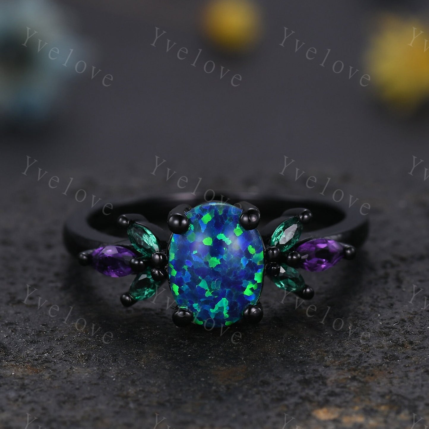 Blue Opal Wedding Ring Set Oval Opal Engagement Ring Emerald Amethyst Wedding Ring Black Gold Band Family Stone Jewelry Anniversary Gift