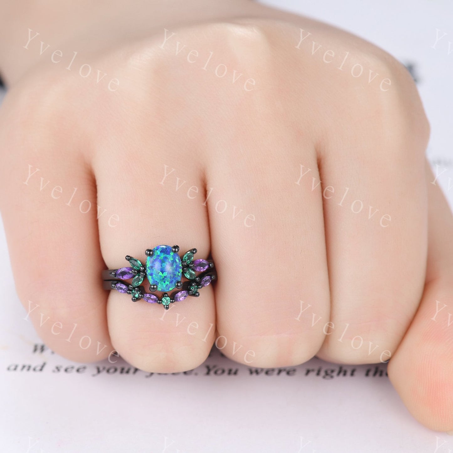 Blue Opal Wedding Ring Set Oval Opal Engagement Ring Emerald Amethyst Wedding Ring Black Gold Band Family Stone Jewelry Anniversary Gift