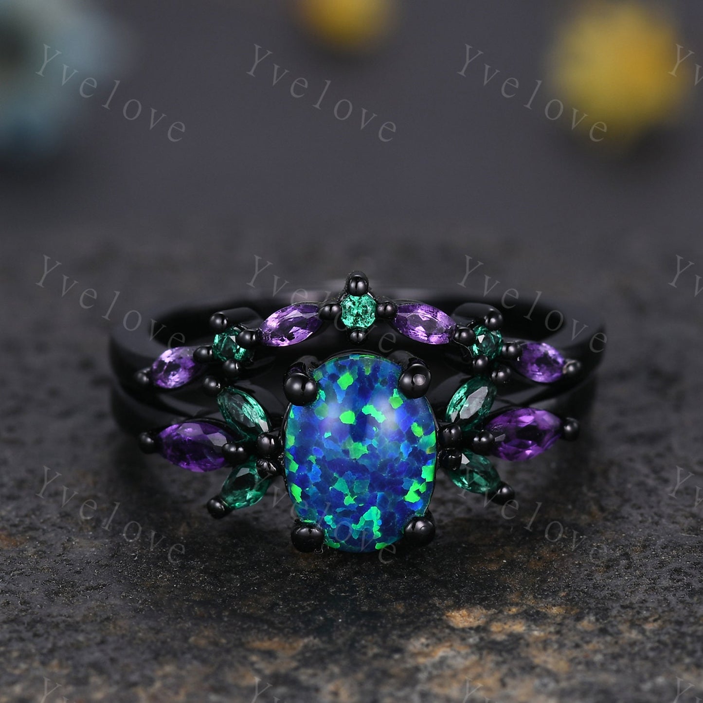 Blue Opal Wedding Ring Set Oval Opal Engagement Ring Emerald Amethyst Wedding Ring Black Gold Band Family Stone Jewelry Anniversary Gift