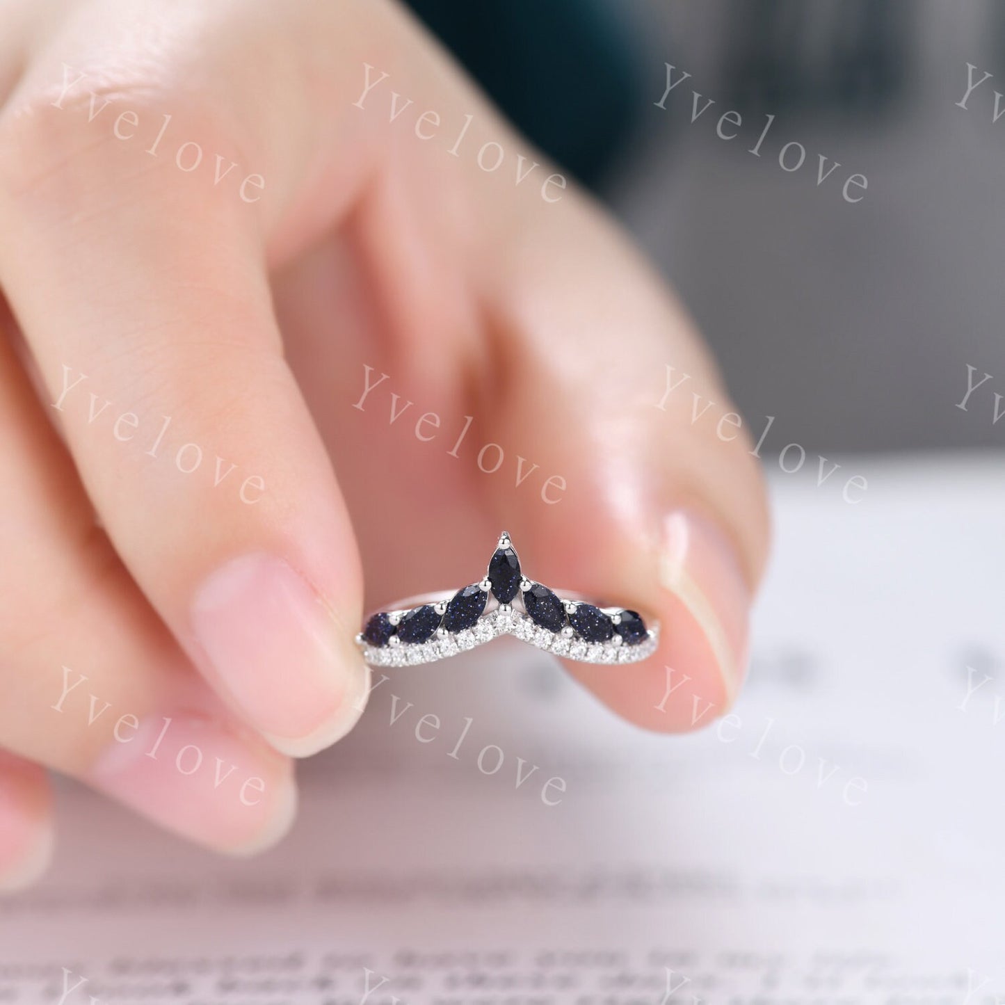 Unique Blue Sandstone wedding ring,Blue gem wedding band,Marquise Blue Sandstone ring,Curved V stacking rings,Diamond Ring,Vintage gold ring