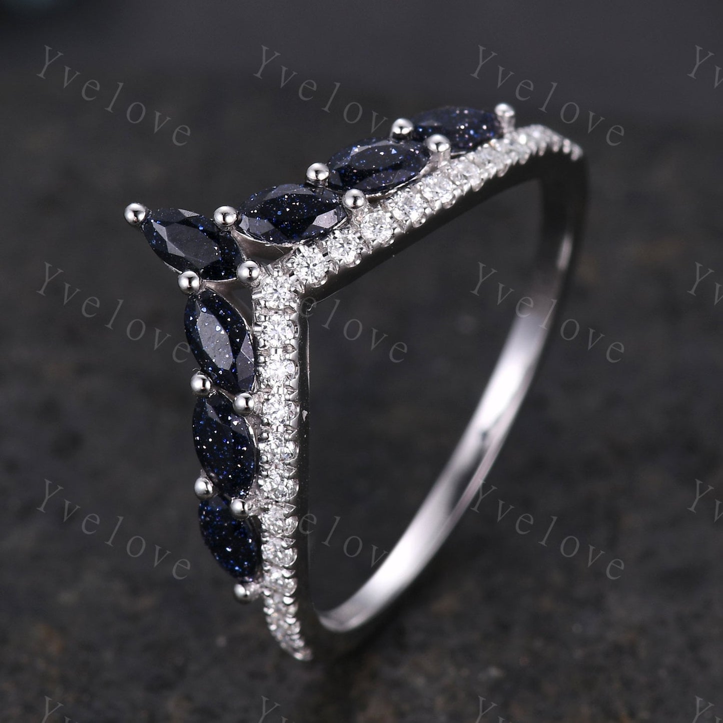 Unique Blue Sandstone wedding ring,Blue gem wedding band,Marquise Blue Sandstone ring,Curved V stacking rings,Diamond Ring,Vintage gold ring