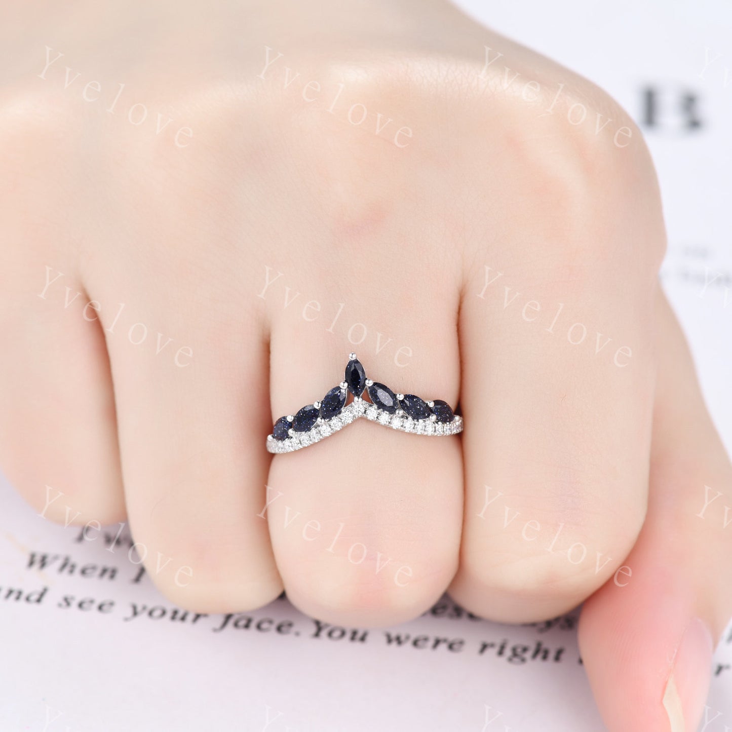 Unique Blue Sandstone wedding ring,Blue gem wedding band,Marquise Blue Sandstone ring,Curved V stacking rings,Diamond Ring,Vintage gold ring