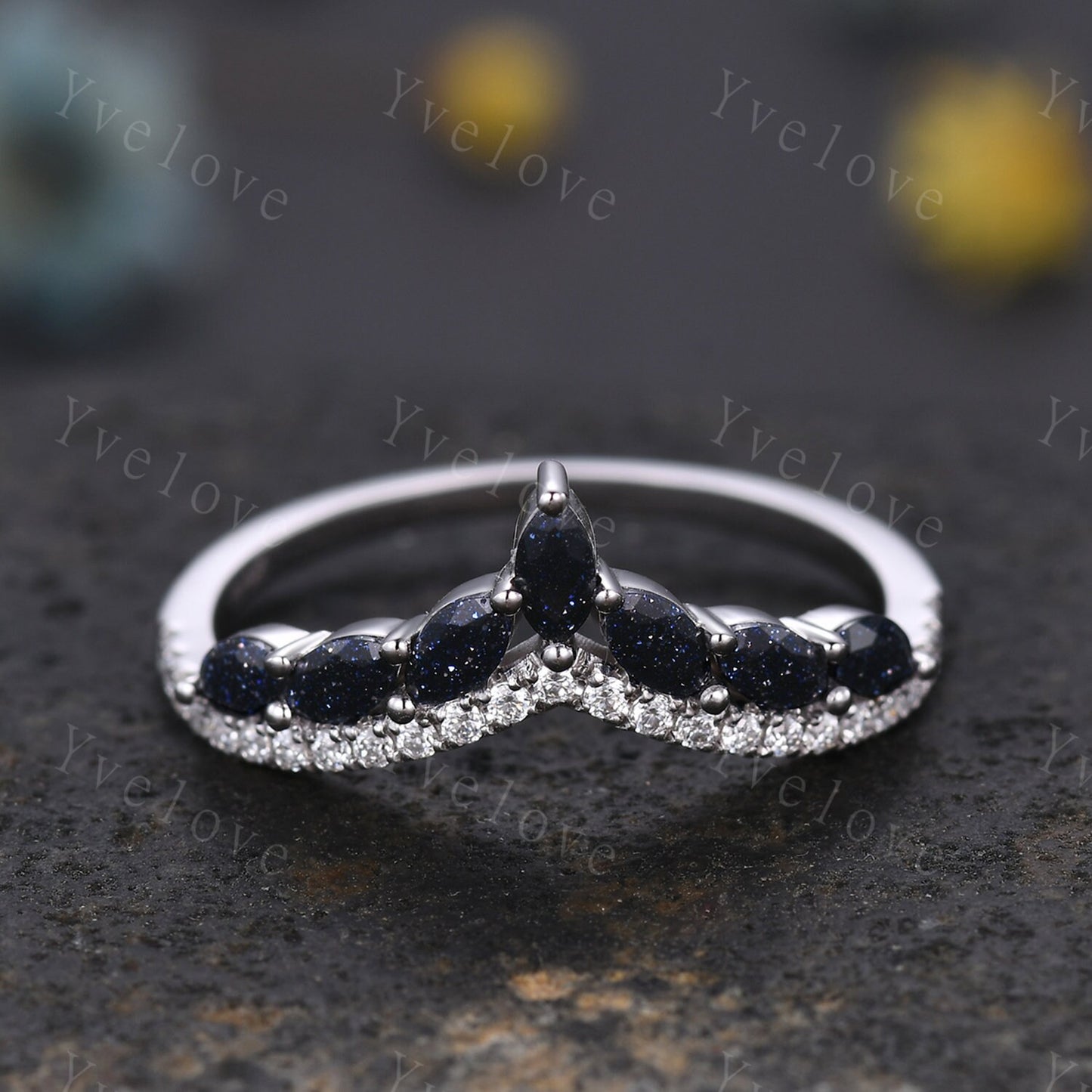 Unique Blue Sandstone wedding ring,Blue gem wedding band,Marquise Blue Sandstone ring,Curved V stacking rings,Diamond Ring,Vintage gold ring