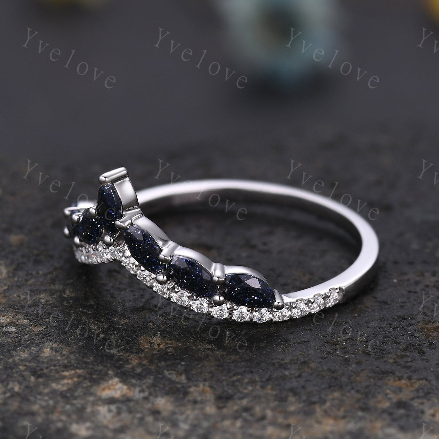 Unique Blue Sandstone wedding ring,Blue gem wedding band,Marquise Blue Sandstone ring,Curved V stacking rings,Diamond Ring,Vintage gold ring
