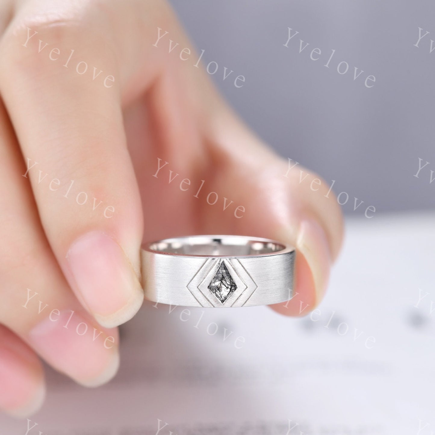7mm White Gold Mens Kite Cut Black Quartz Wedding Band Black Jewelry Engagement Ring Matt Finish Band Mens Stacking Band His Wedding band