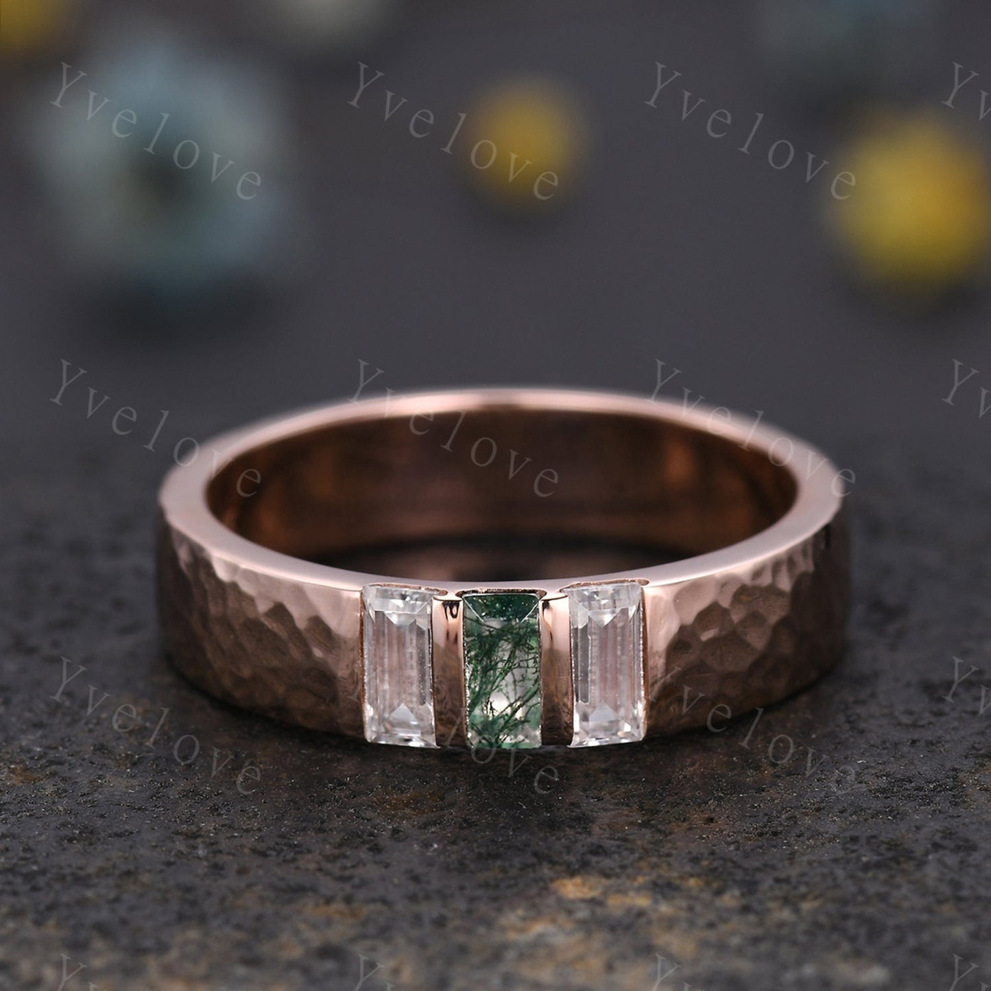 Retro Mens Baguette Moss agate Moissanite Wedding Band 5mm Hammered Band Silver Ring Mens Stackable Matching Band Anniversary Gift For Him