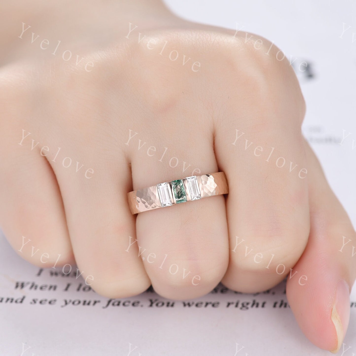 Retro Mens Baguette Moss agate Moissanite Wedding Band 5mm Hammered Band Silver Ring Mens Stackable Matching Band Anniversary Gift For Him