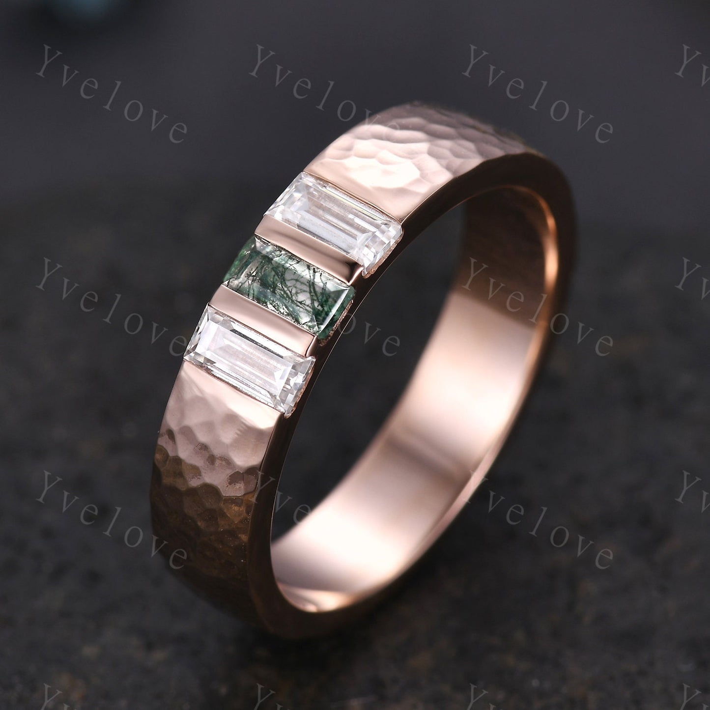 Retro Mens Baguette Moss agate Moissanite Wedding Band 5mm Hammered Band Silver Ring Mens Stackable Matching Band Anniversary Gift For Him
