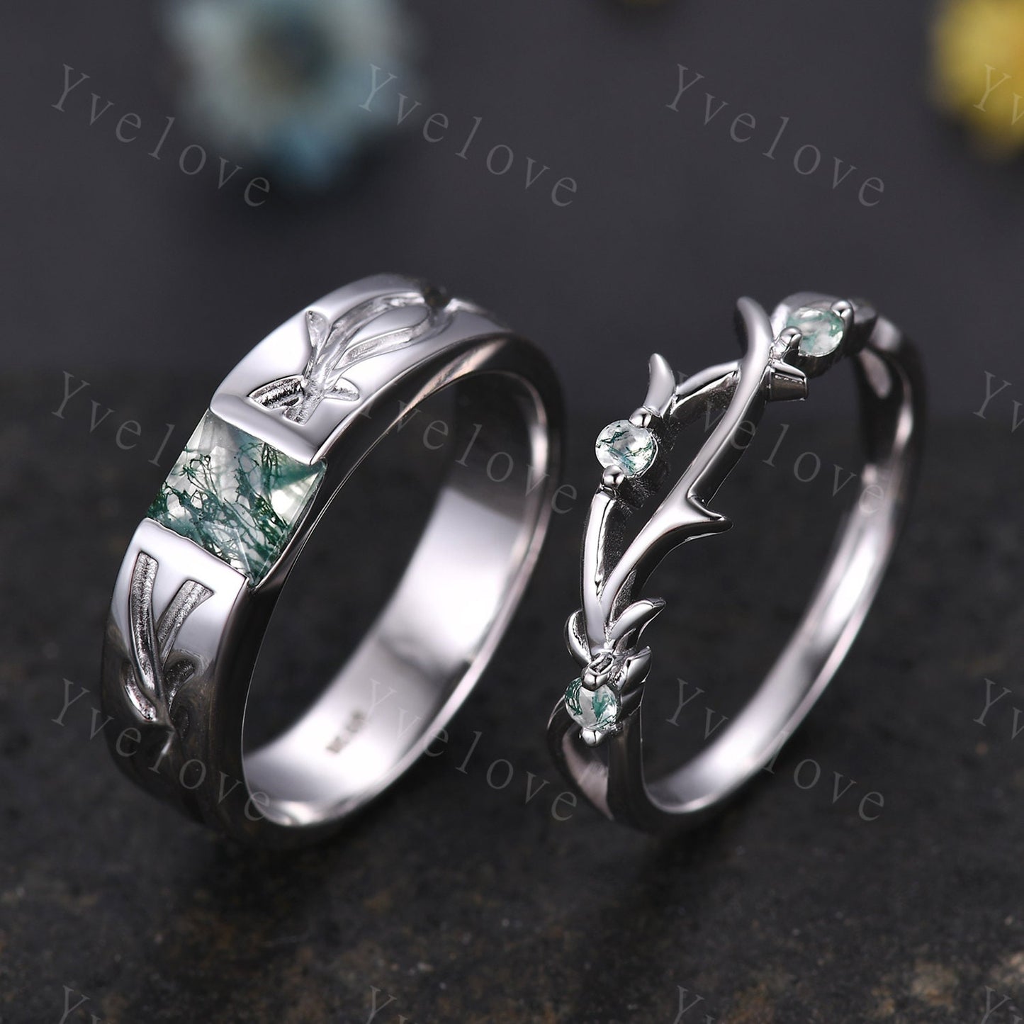 Dainty Moss Agate Twig Engagement Ring,Twig Matching Band,Leaf Band,Twig Branch Green Gems Wedding Band,14k White Gold,Twisted Stacking Band