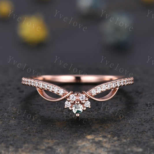 Dainty Moss Agate Moissanite Wedding Band V Curved Diamond Wedding Band Stacking Ring Matching Band Bridal Promise Anniversary Gift For Her