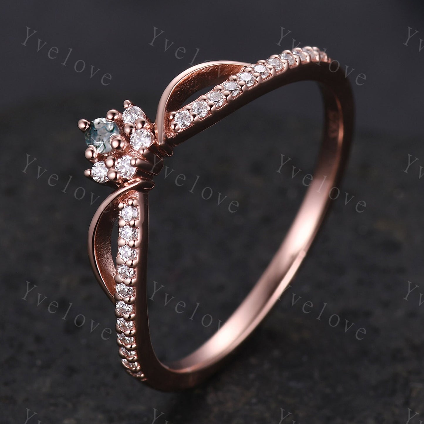 Dainty Moss Agate Moissanite Wedding Band V Curved Diamond Wedding Band Stacking Ring Matching Band Bridal Promise Anniversary Gift For Her