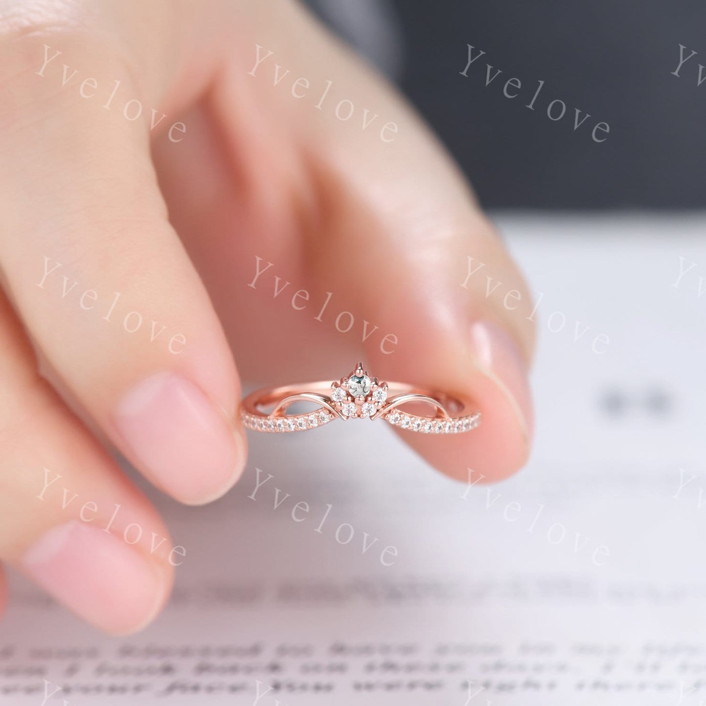 Dainty Moss Agate Moissanite Wedding Band V Curved Diamond Wedding Band Stacking Ring Matching Band Bridal Promise Anniversary Gift For Her