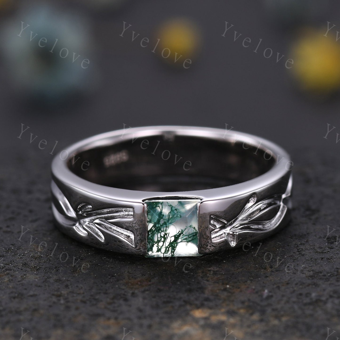 Vintage princess cut moss agate ring for men green agate stacking matching wedding band filigree ring stacking matching promise gift for him