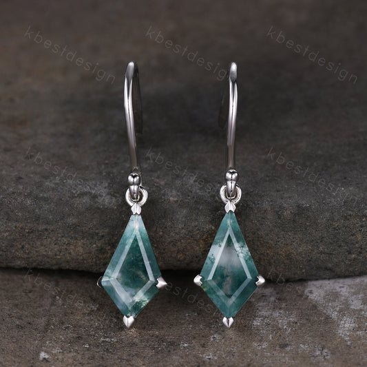 Vintage kite cut moss agate earrings silver green agate drop earrings unique hook earrings women art deco earring anniversary gift for her