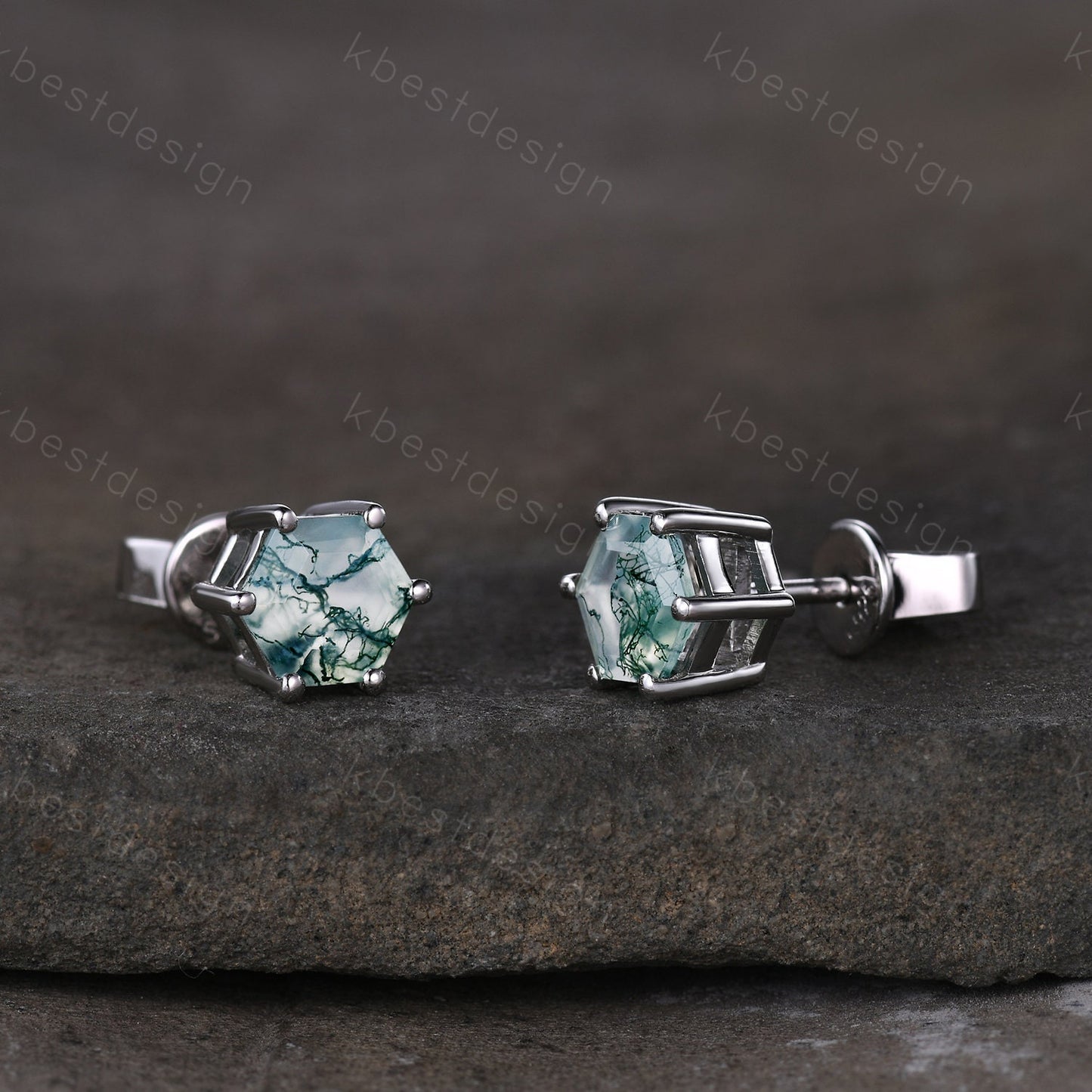Natural moss agate stud earrings, hexagon cut moss agate earring studs, best friend gift, minimalist, tiny studs, anniversary gift for her