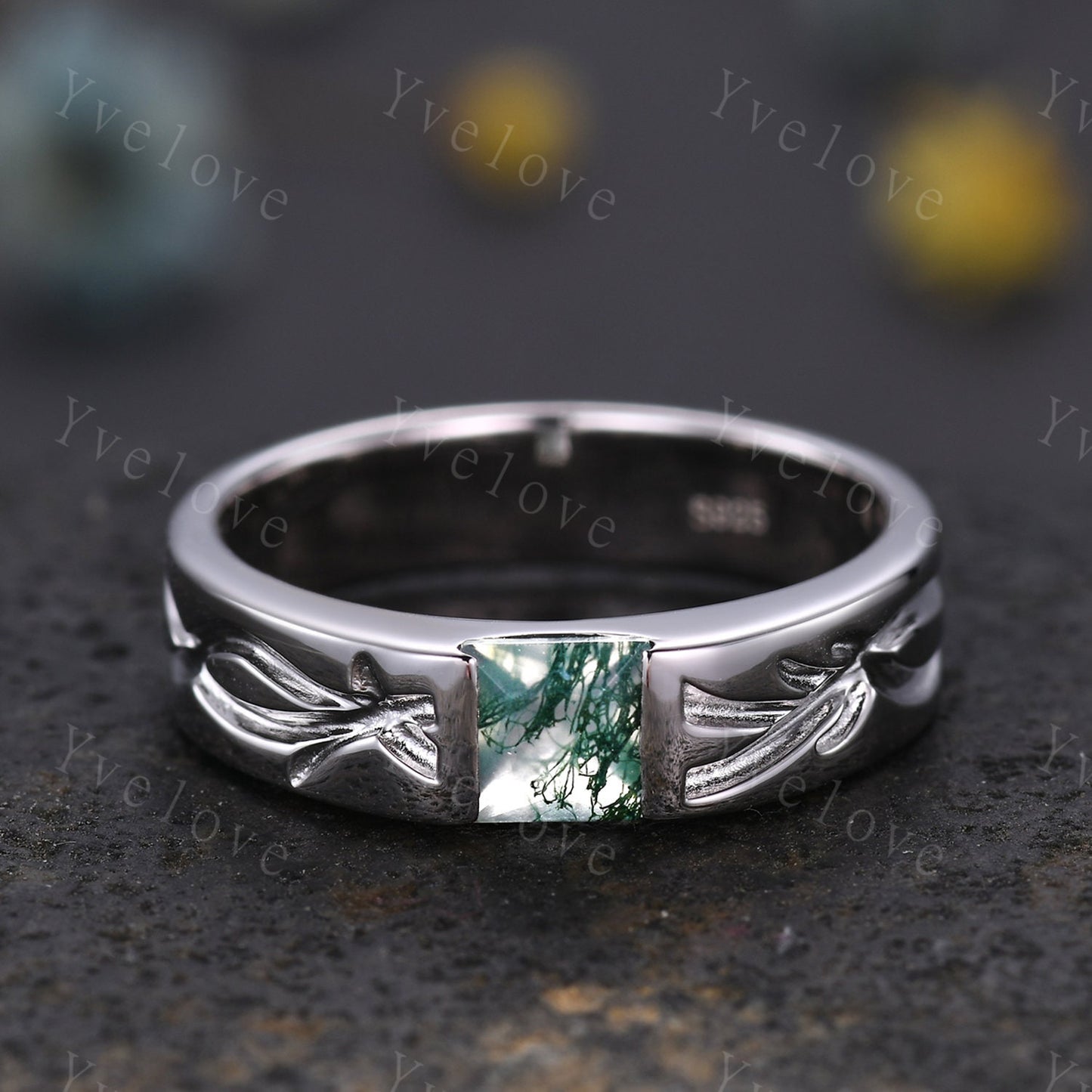 Vintage princess cut moss agate ring for men green agate stacking matching wedding band filigree ring stacking matching promise gift for him