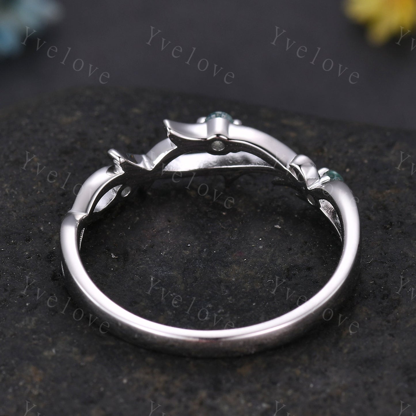 Dainty Moss Agate Twig Engagement Ring,Twig Matching Band,Leaf Band,Twig Branch Green Gems Wedding Band,14k White Gold,Twisted Stacking Band