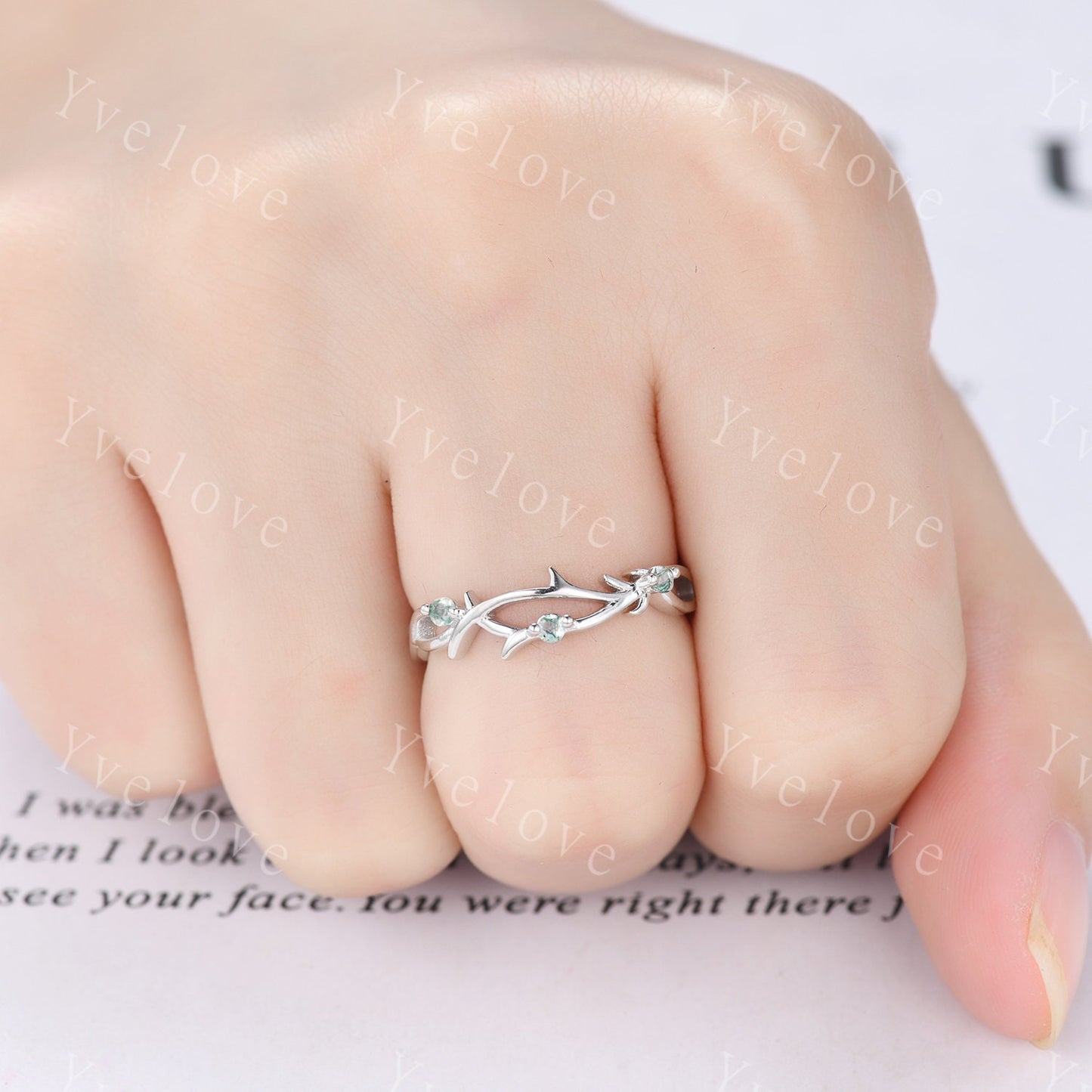 Dainty Moss Agate Twig Engagement Ring,Twig Matching Band,Leaf Band,Twig Branch Green Gems Wedding Band,14k White Gold,Twisted Stacking Band