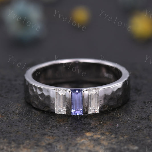 Retro Mens Baguette Tanzanite Moissanite Wedding Band 5mm Hammered Band Silver Ring Mens Stackable Matching Band Anniversary Gift For Him