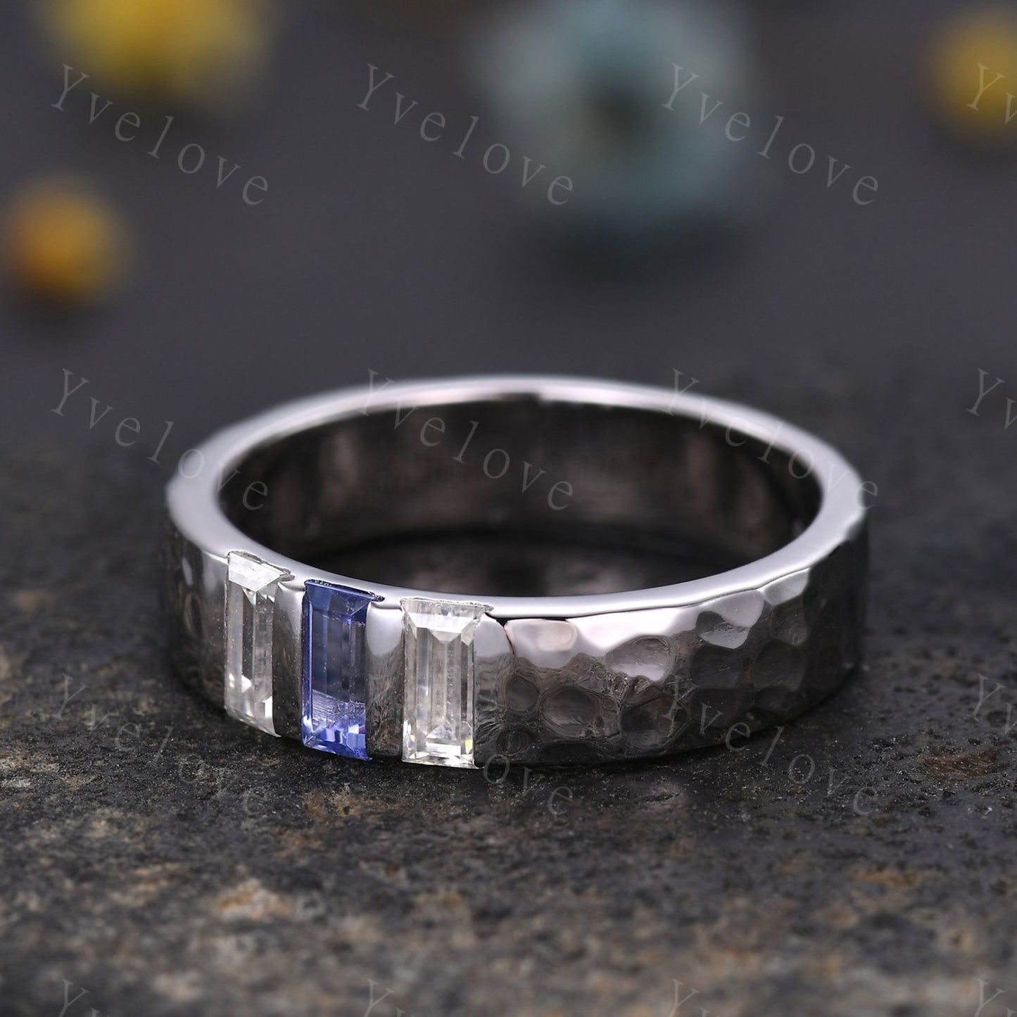 Retro Mens Baguette Tanzanite Moissanite Wedding Band 5mm Hammered Band Silver Ring Mens Stackable Matching Band Anniversary Gift For Him