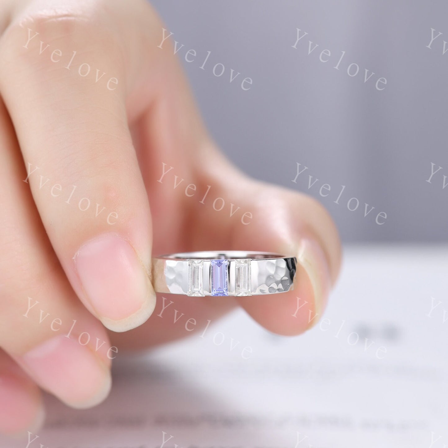 Retro Mens Baguette Tanzanite Moissanite Wedding Band 5mm Hammered Band Silver Ring Mens Stackable Matching Band Anniversary Gift For Him