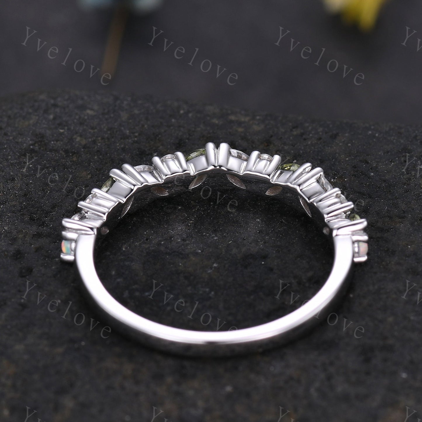 Marquise peridot opal wedding band vintage peridot ring white gold moissanite antique unique stacking band anniversary promise matching band