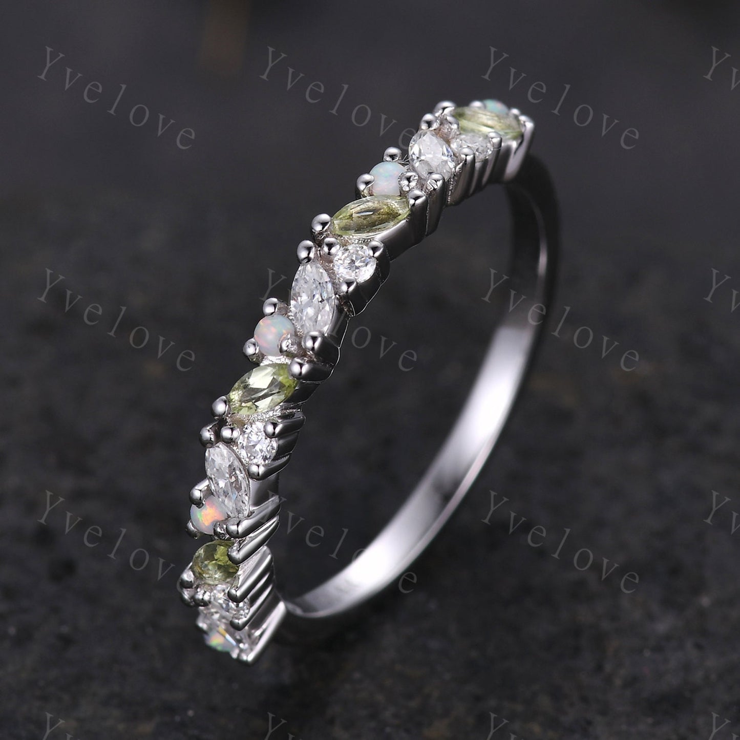 Marquise peridot opal wedding band vintage peridot ring white gold moissanite antique unique stacking band anniversary promise matching band