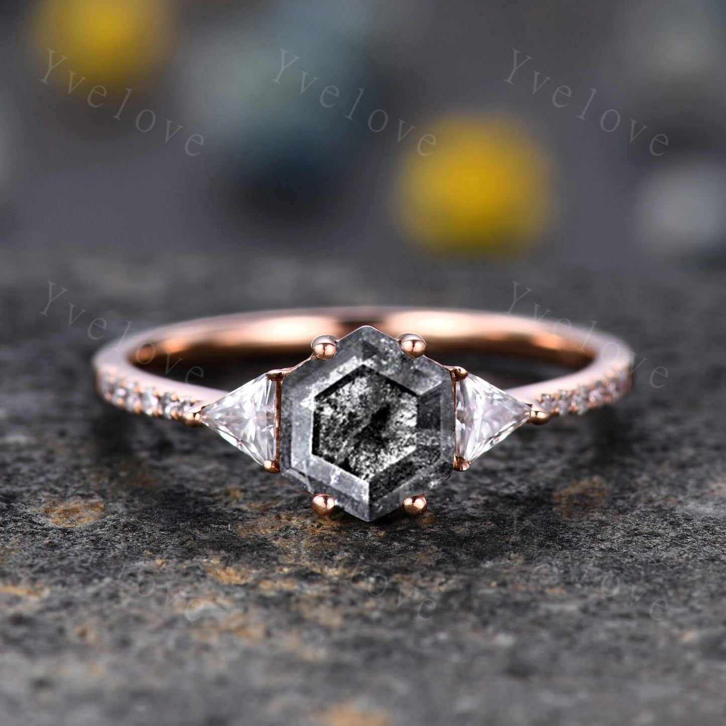 Hexagon Cut Salt and Pepper Diamond Engagement Ring,Vintage Bridal Set,Black Gothic Ring,Diamond Ring,Anniversary Birthday Gift for Women