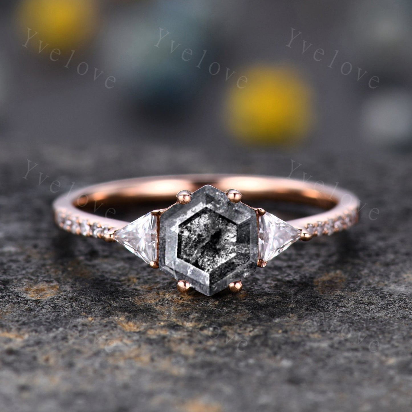 Hexagon Cut Salt and Pepper Diamond Engagement Ring,Vingate Bridal Ring,Gothic Ring,Diamond Anniversary Wedding Ring Birthday Gift for Her