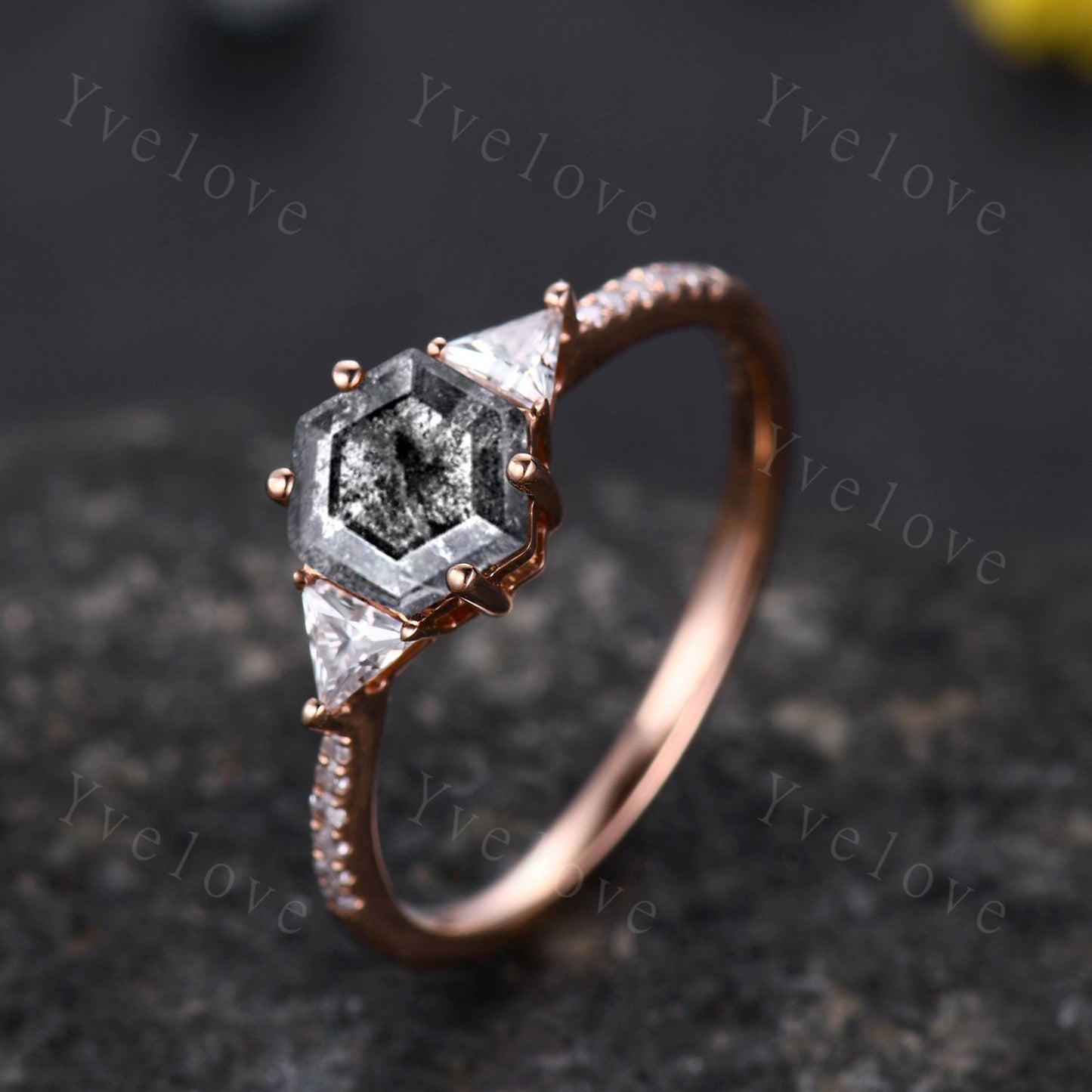 Hexagon Cut Salt and Pepper Diamond Engagement Ring,Vingate Bridal Ring,Gothic Ring,Diamond Anniversary Wedding Ring Birthday Gift for Her