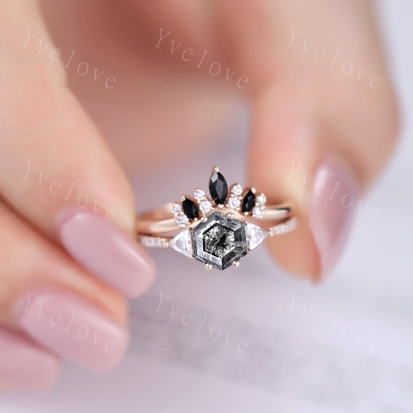 Hexagon Cut Salt and Pepper Diamond Engagement Ring,Vintage Bridal Set,Black Gothic Ring,Diamond Ring,Anniversary Birthday Gift for Women