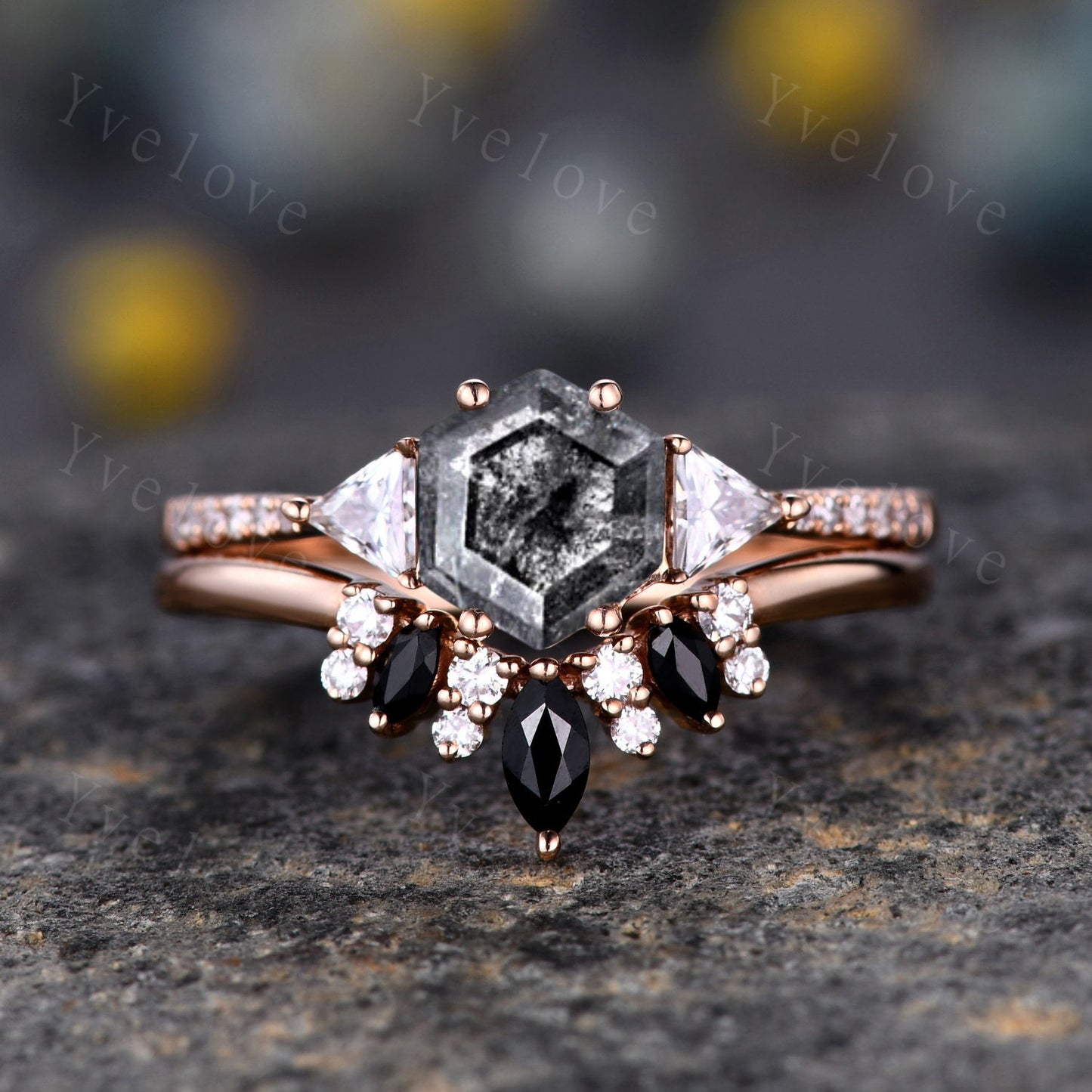 Hexagon Cut Salt and Pepper Diamond Engagement Ring,Vingate Bridal Ring,Gothic Ring,Diamond Anniversary Wedding Ring Birthday Gift for Her