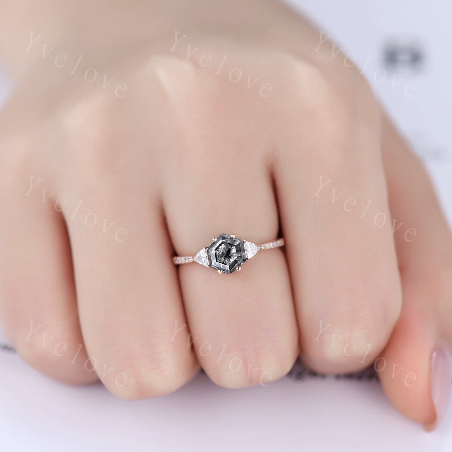 Hexagon Cut Salt and Pepper Diamond Engagement Ring,Vintage Bridal Set,Black Gothic Ring,Diamond Ring,Anniversary Birthday Gift for Women