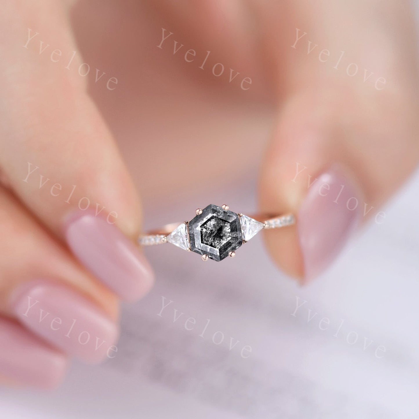 Hexagon Cut Salt and Pepper Diamond Engagement Ring,Vingate Bridal Ring,Gothic Ring,Diamond Anniversary Wedding Ring Birthday Gift for Her