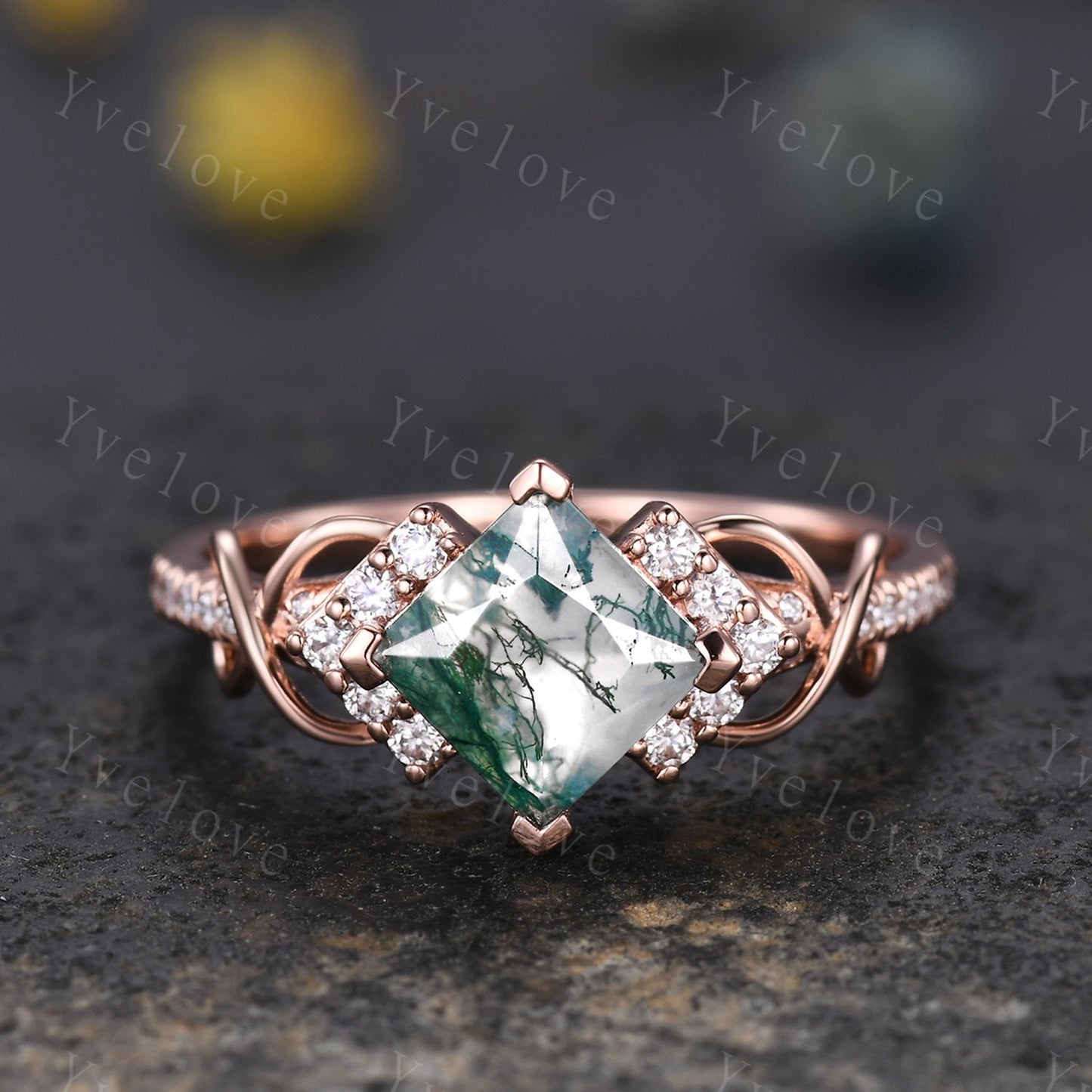 Vintage princess cut green moss agate engagement ring 14k rose gold women diamond ring unique twist bridal wedding ring handmade gift